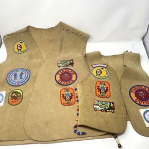 Vintage YMCA Indian Guides Leather Vest Lot of 2 Suede with Patches Father & Son